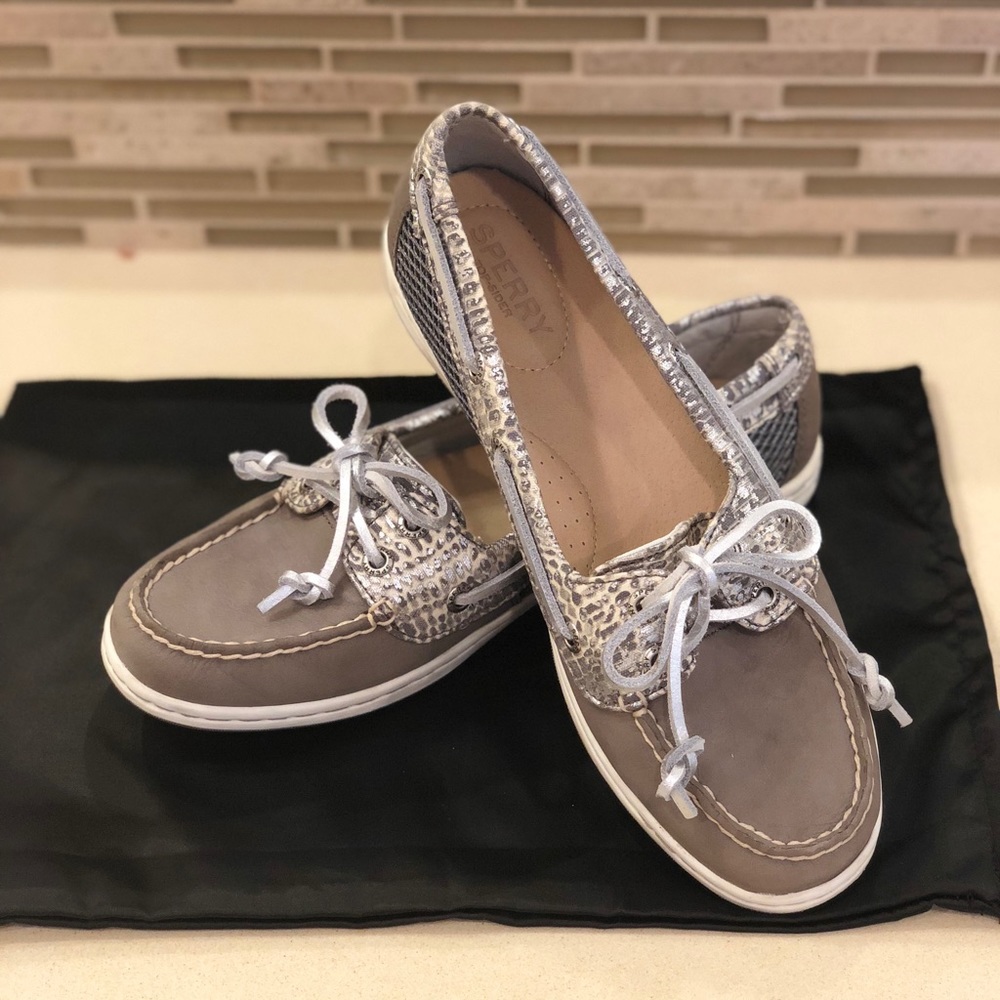 Sperry gray leopard boat shoes